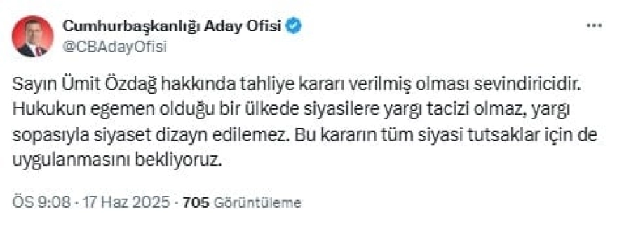 İmamoğlu'ndan Ümit Özdağ'a Destek Mesajı
