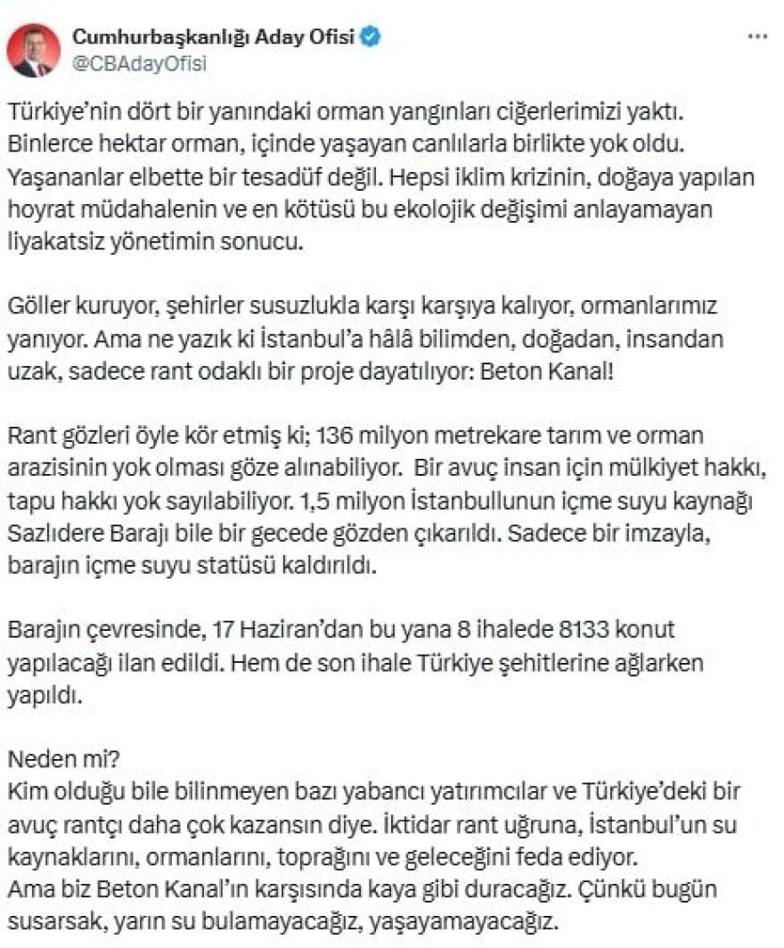 İmamoğlu'ndan Kanal İstanbul'a İlişkin Önemli Tepki