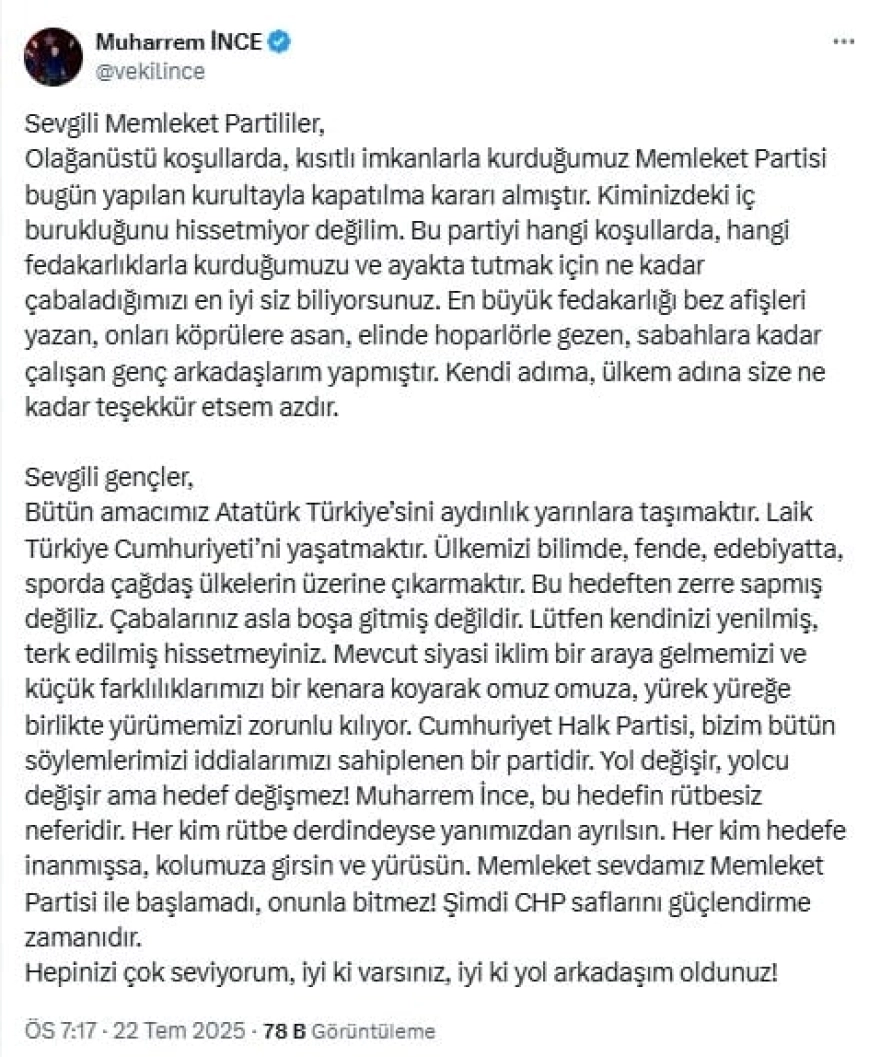 Memleket Partisi faaliyetlerine son verdi