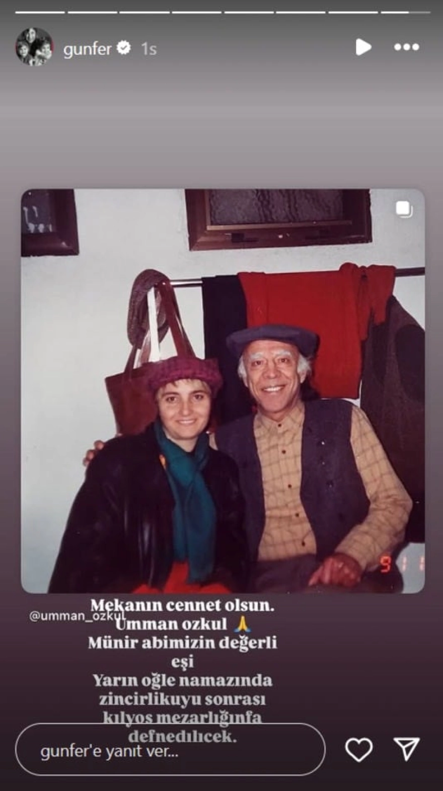 Türk sinemasının efsane ismi Münir Özkul'un eşi Umman Özkul hayatını kaybetti.