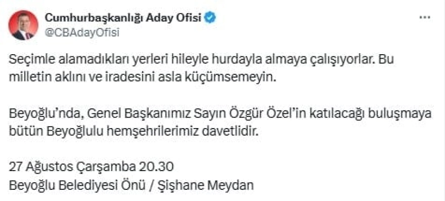 İmamoğlu'ndan Beyoğlu'nda miting daveti